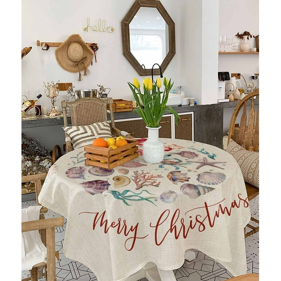 Coastal Christmas Tablecloth Square Table Cloth 54x54, Waterproof Tablecloth Outdoor Table Cloth, Xmas Balls Nautical Starfish Washable Table Cover for Kitchen Dining Party