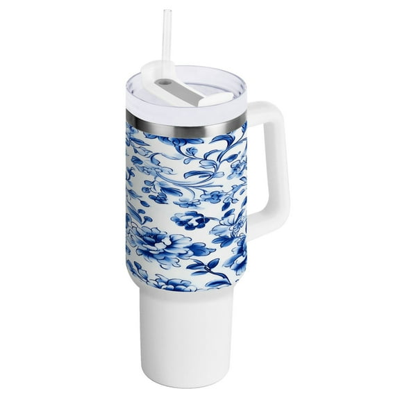 40 oz Tumbler with Handle and Straw Lid Blue and White Porcelain Floral Insulated Vacuum Water Bottle Stainless Steel Travel Cup