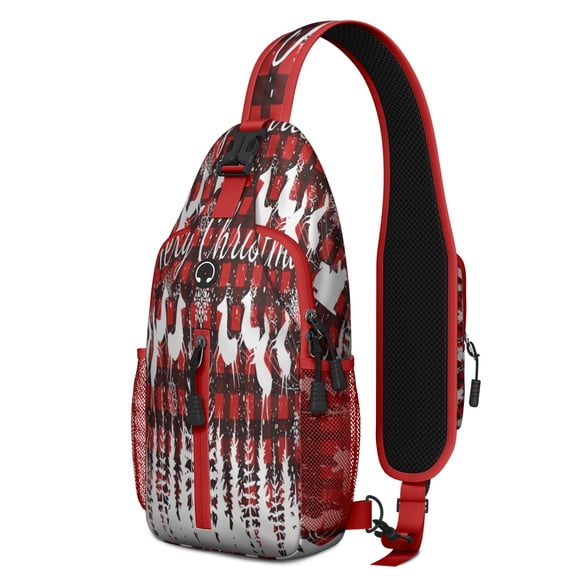 Sling Backpack,Red Christmas Pattern Crossbody Bag with Water Bottle Holder,Waterproof Sling Bag for Men/Women with Chest Phone Holder for Hiking,Travel