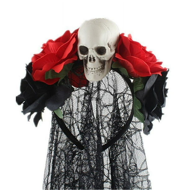 Diadema Día De Muertos Con Velo, Rosas Y Calavera – Set Completo Con Tatuajes Y Guantes Para Halloween Y Fiestas Mexicanas