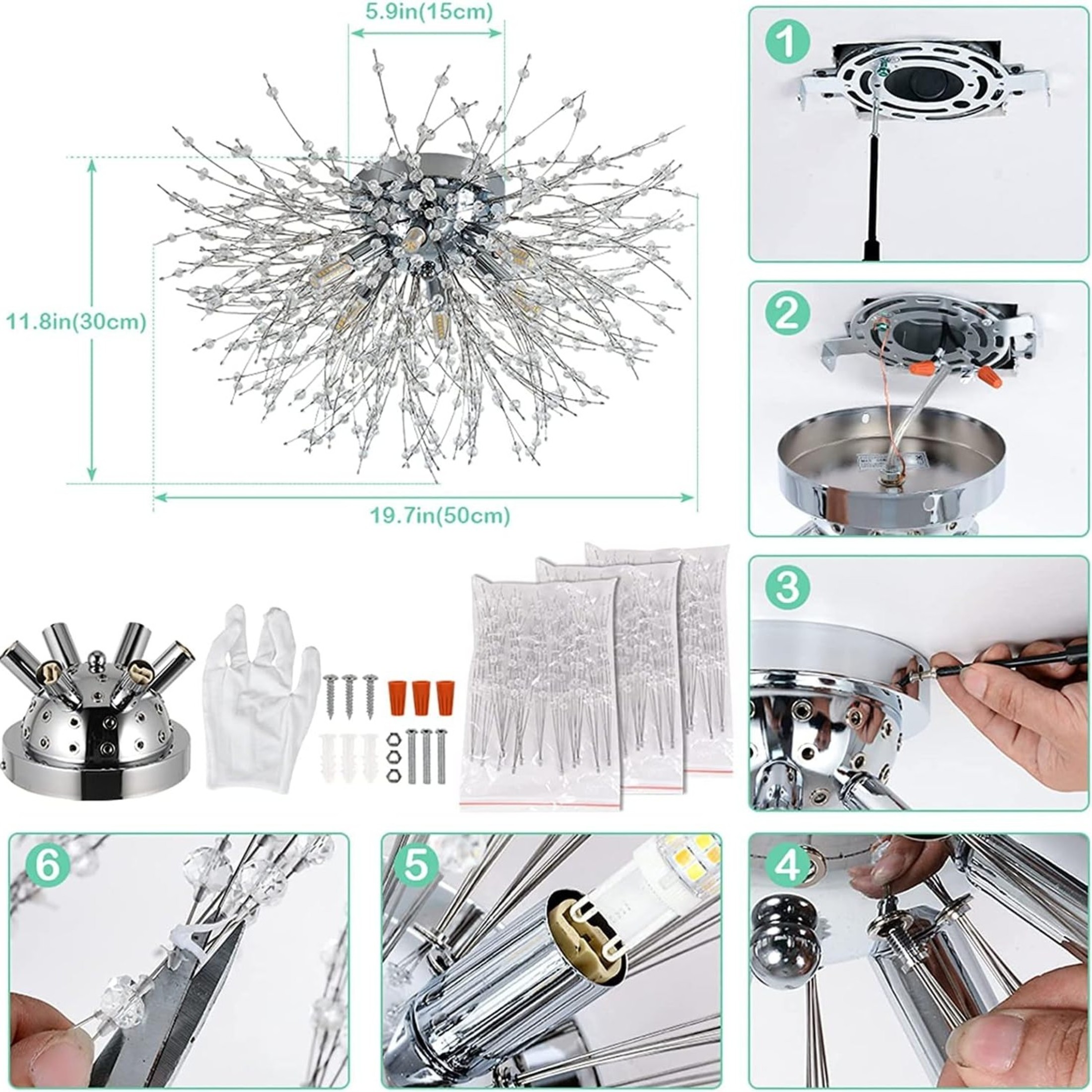 Noble House 19.7" Crystal Sputnik Flush Mount, Chrome Stainless Steel Light Fixtures, G9 Dimmable Ceiling Light, Silver