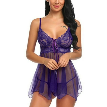 

Women Lace Nightwear Female See Through Front Split Halter Nightgown Lingerie Nightwear Chemise Nightie
