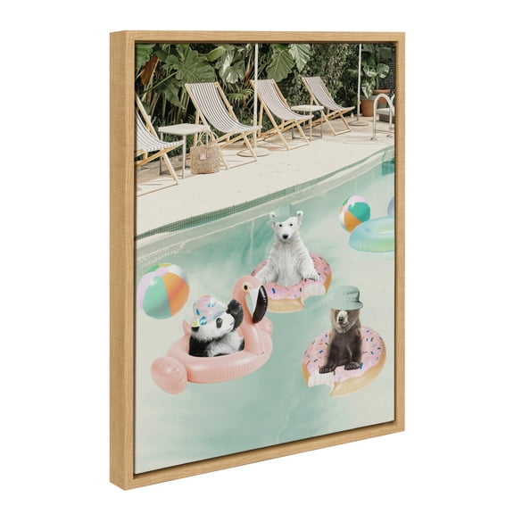Kate and Laurel Sylvie Pool Party Framed Canvas Wall Art by July Art Prints, 18x24 Natural, Animal Pool House Wall Decor