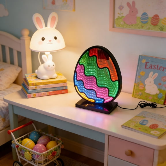 Easter Egg Infinity Mirror Light with Stand - LED Lighted Easter Decoration - USB-Powered Night Light- Egg 3D LED Infinity Light - Indoor Seasonal Decor for Table Window