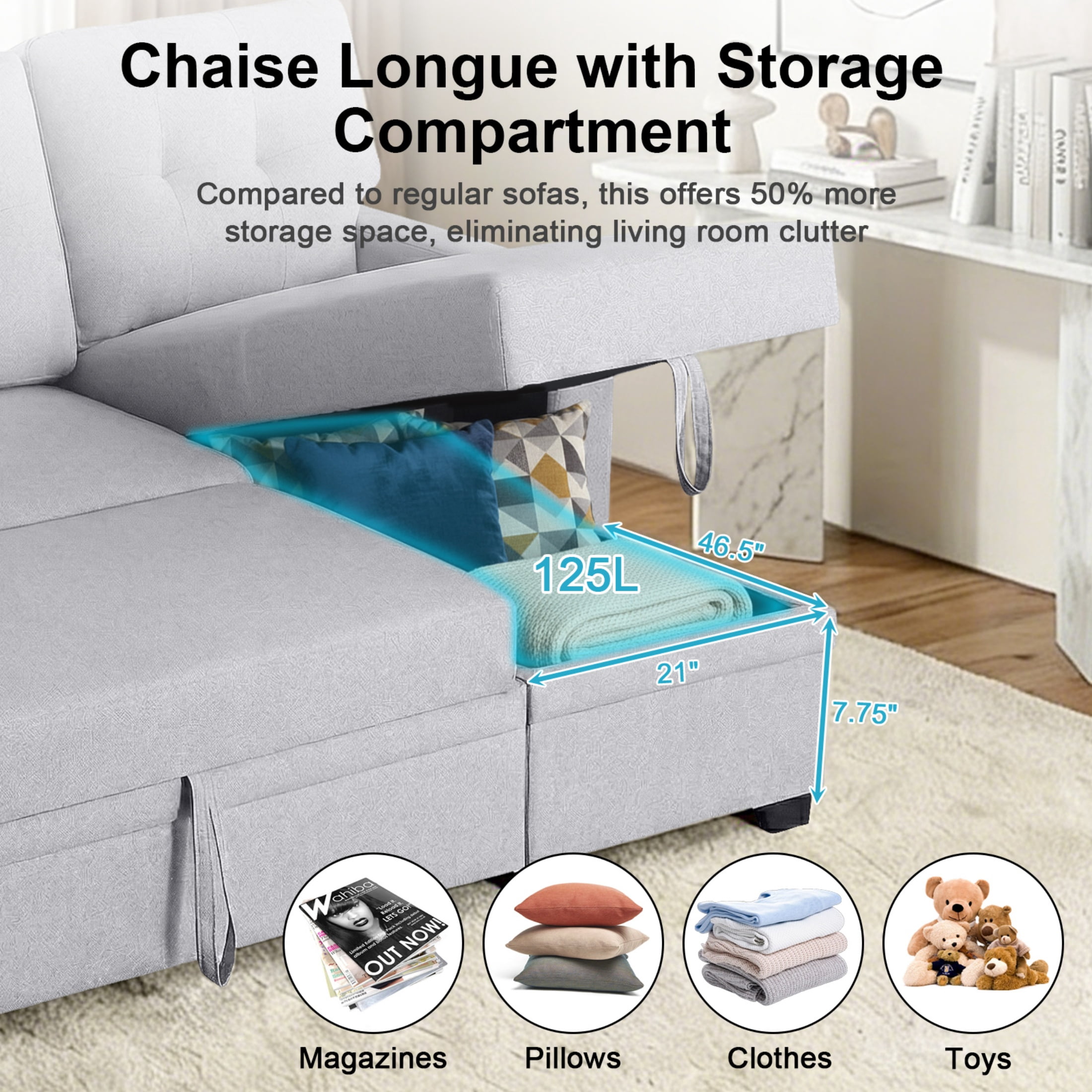 ShiKeyi 82" L Shaped Sleeper Sofa Bed, Sectional Sleeper Couch with Pull Out Bed, 3 Seat Convertible Sofa Bed with Storage Chaise, USB Charging Ports for Living Room, Light Gray Linen Fabric