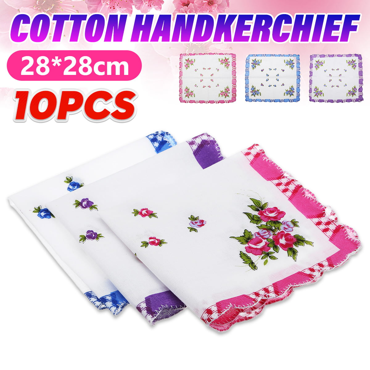 Women 3pcs 100% Cotton Cherry Blossom Pinrt Handkerchief Pocket Square Scarfs
