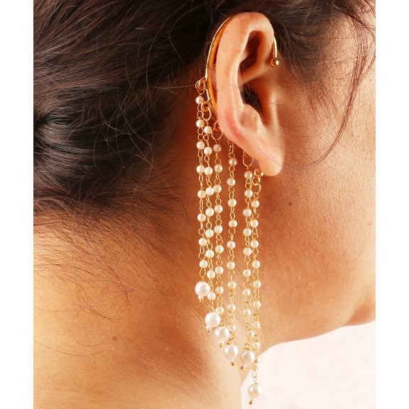 Sunsoul By Touchstone Indian Handcrafted Ear Shape Faux Pearls jewelry Gold Tone Earrings For Women.