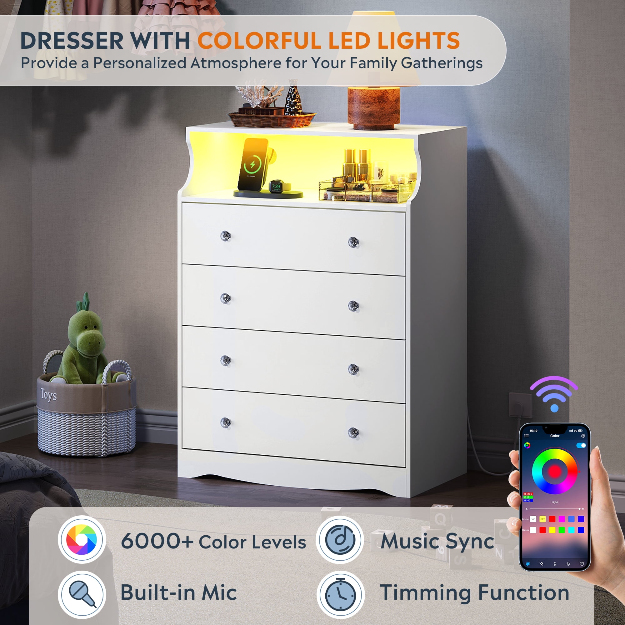 GALAXHERO 4 Drawers Dresser for Bedroom, Tall White Dressers with  LED Open Shelf, Modern Chest of Drawers with Charging Station, Wood Closet Clothes Organizer Storage Cabinet