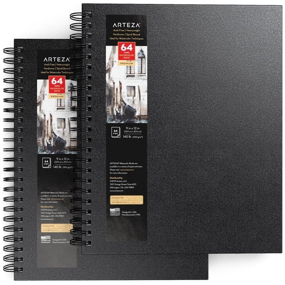 Arteza Watercolor Paper Pad, Spiral-Bound Hardcover, Black, 9"x12" - 2 Pack