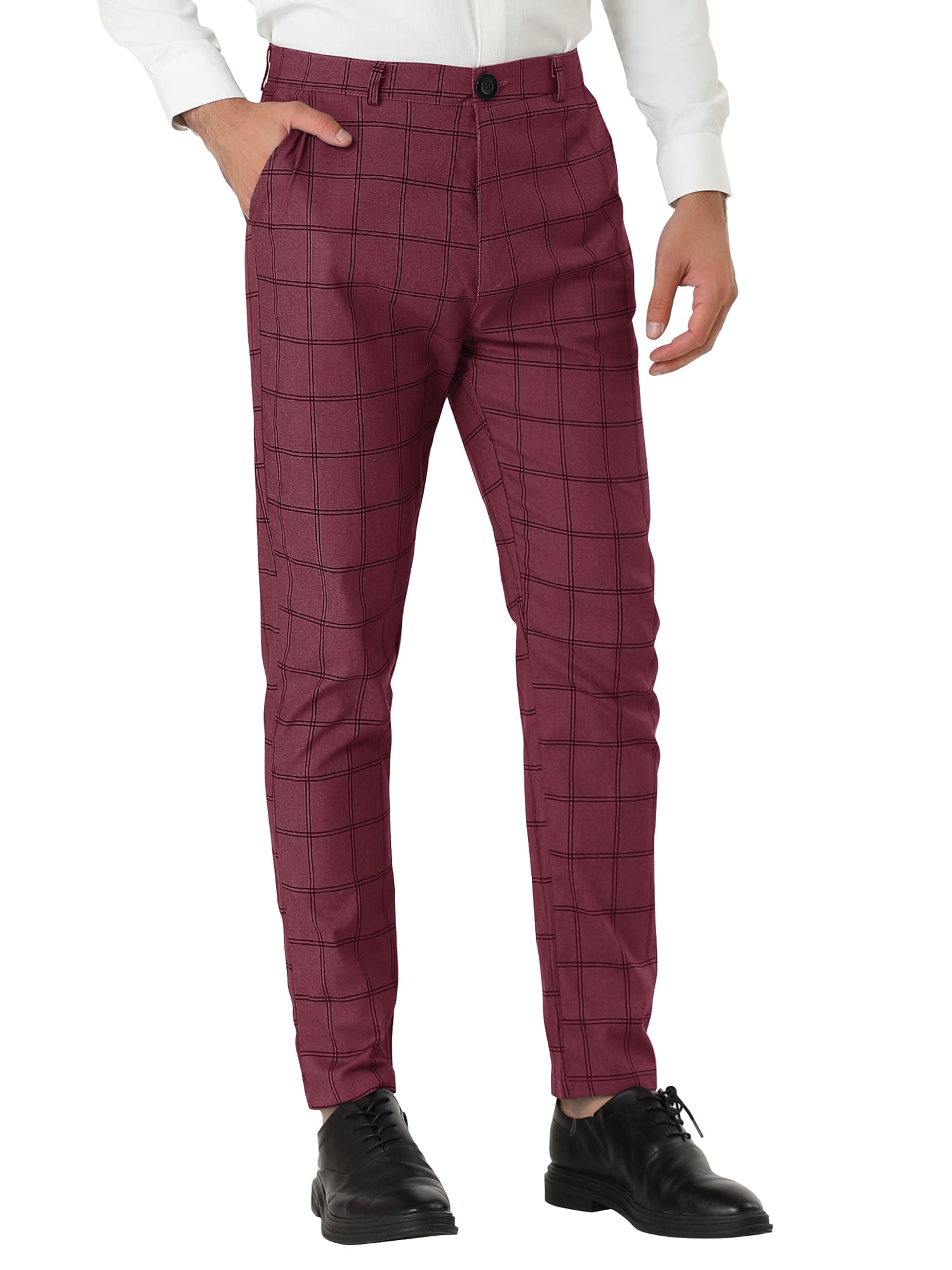 Unique Bargains Men's Slim Fit Plaid Business Pants Trousers with Pockets 32 Burgundy