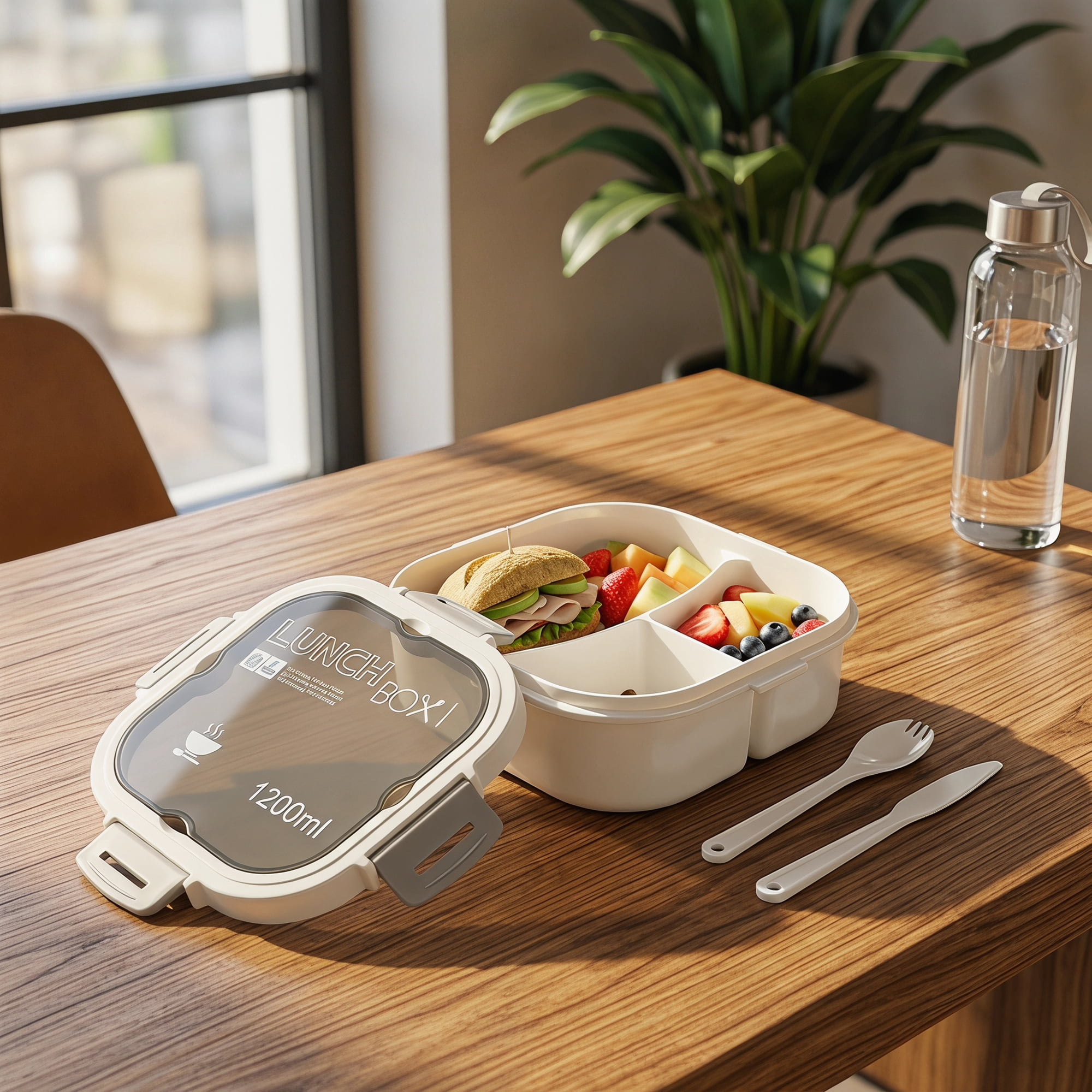 Unique Bargains 1200ml Leak-Proof Meal Prep Lunch Bento Box White-3