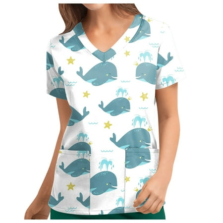

TKing Fashion Independence Day Women Plus Size Scrubs Top V-Neck Short Sleeve Printed Pockets Work Blouse for Women Blue 3XL