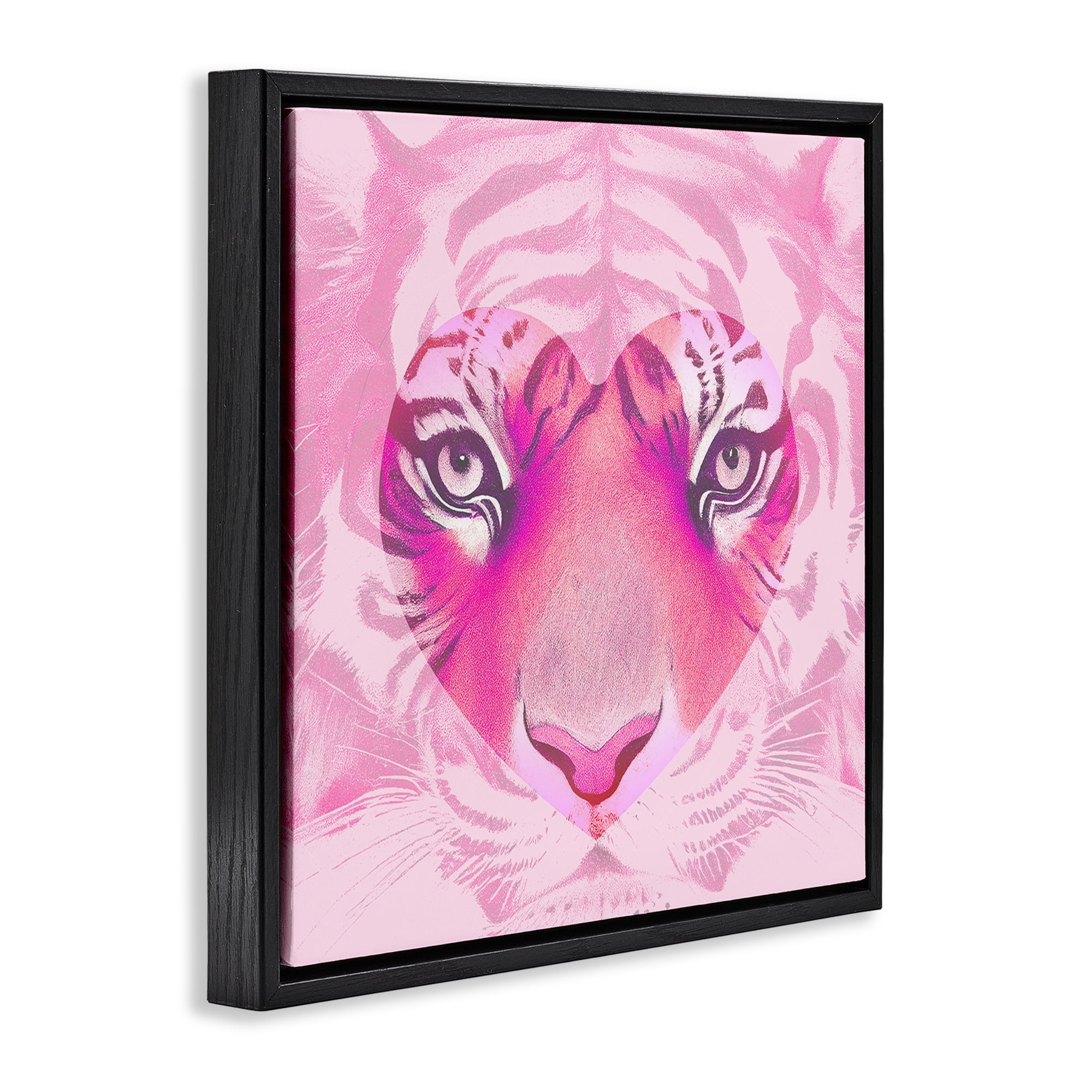 Stupell Industries Pink Heart Tiger Face Animals Painting Black Floater Framed Canvas Art Print Wall Art, 25 x 25