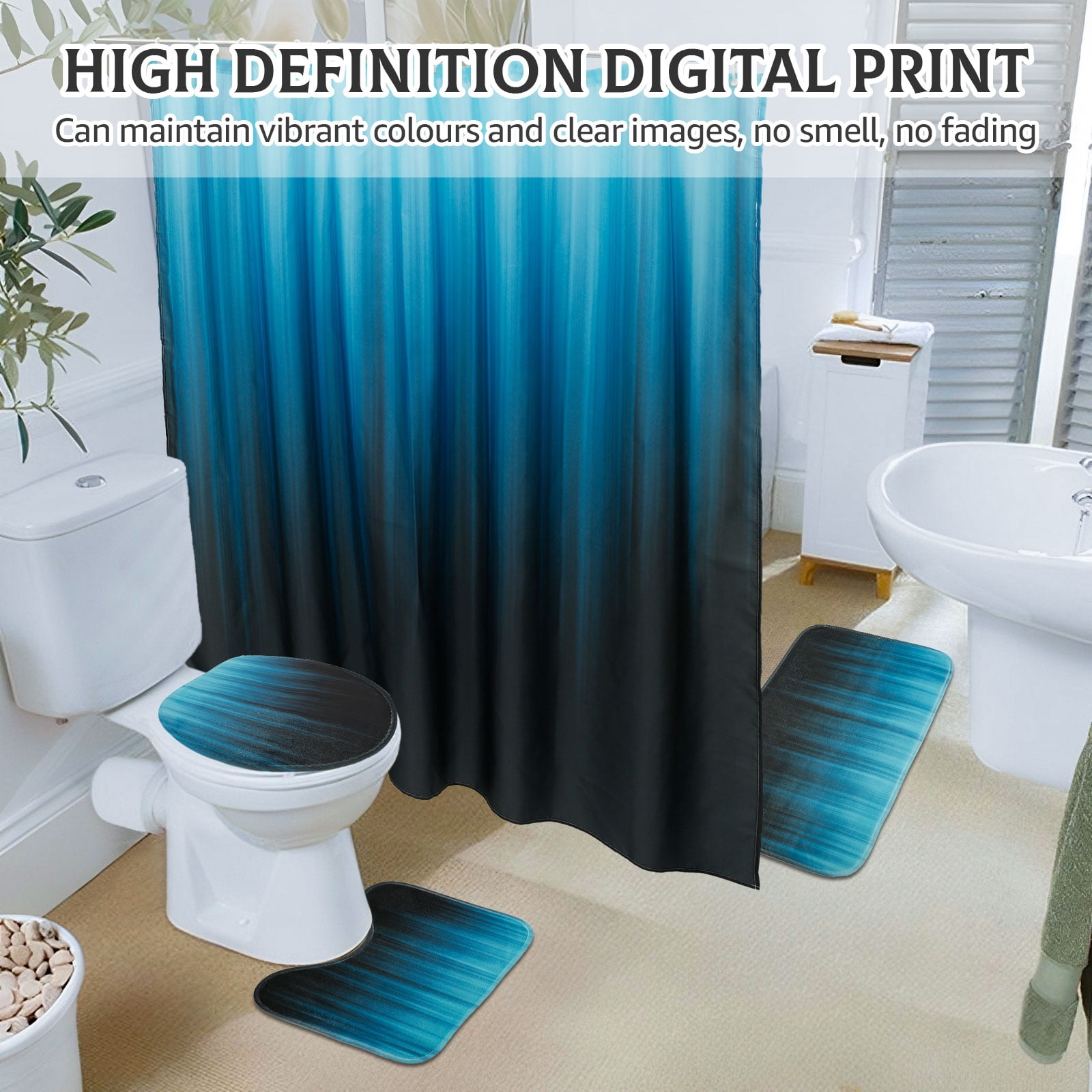 Dznils Black and Teal Ombre Shower Curtain Set with Rug, 16pc Modern Bathroom Decor Set, 72" x 72"