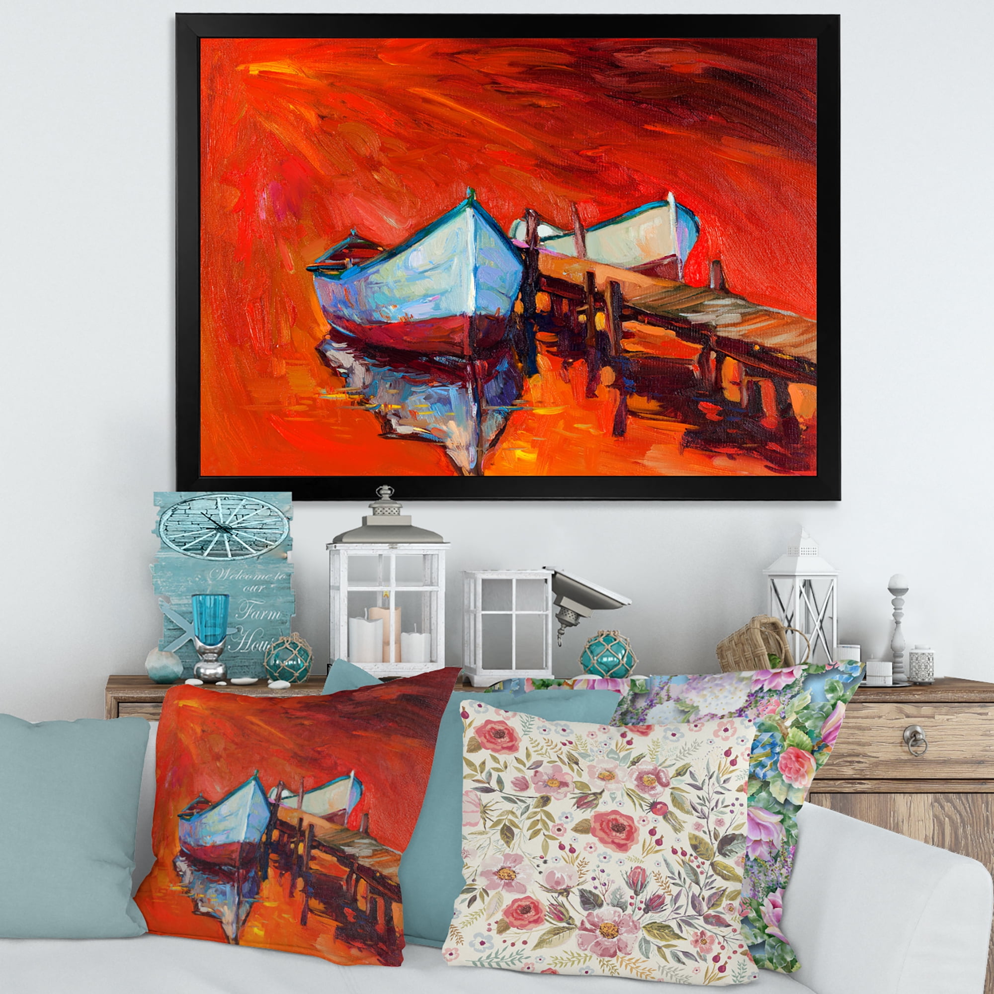 Designart 'Boats Near Coastal Town Resting On The Water IV' Nautical & Coastal Framed Art Print