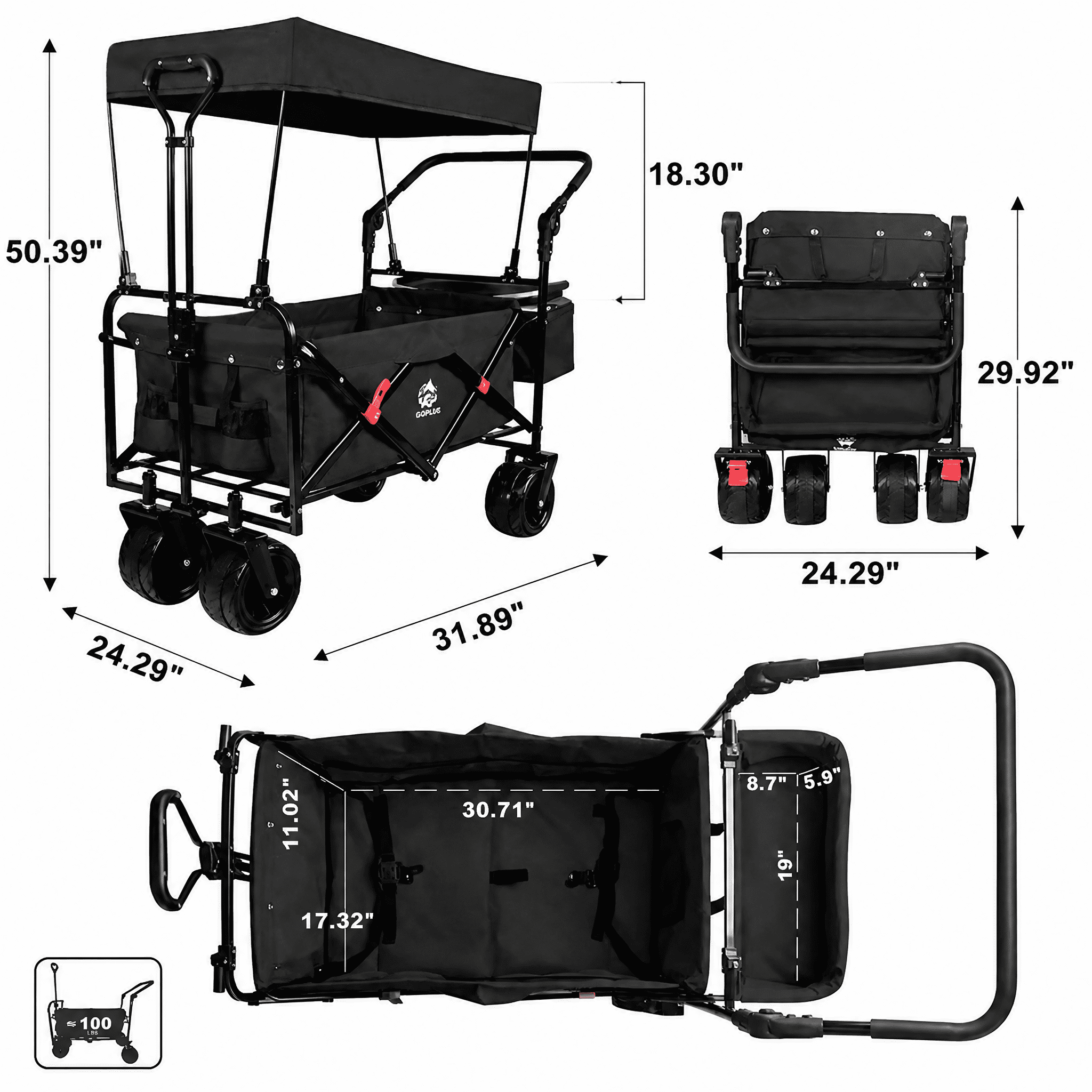 Collapsible Wagon Heavy Duty Folding Wagon Cart with Removable Canopy, 4" Wide Large All Terrain Wheels, Brake, Adjustable Handles, Cooler Bag Utility Carts for Outdoor Garden