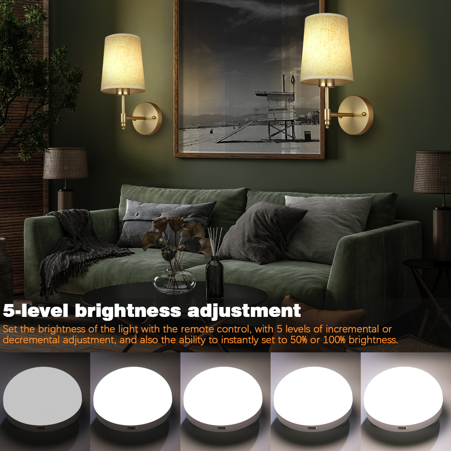 Battery Operated Wall Sconces Set of Two,Rechargeable Battery Operated Wall Lights with Remote, Fabric 13 RGB Dimmable Gold Wall Lamp for Bedroom Living Room, Easy to Install