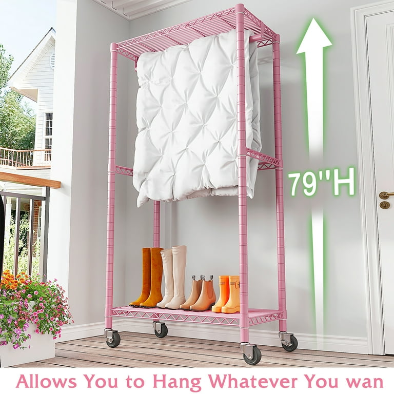 Clothes Rack Heavy Duty Clothing Rack for Hanging Clothes Clothing Rack with Wheels Adjustable Metal Garment Rack 15.7 D x 35.5 W x 79 H Pink