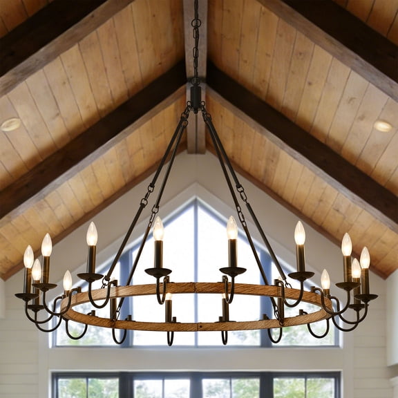 16 Lights Rustic Wagon Wheel Chandelier,Farmhouse Pendant Light Fixture,Candle Wood Chandeliers for Dining Room Living Room Kitchen Entryway
