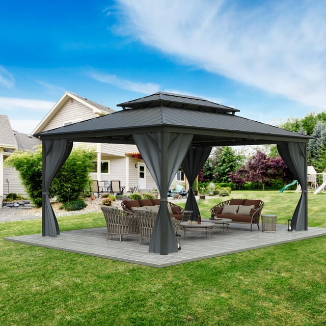 Gazebo à Toit Rigide 12x16 avec Double Toit en Acier Galvanisé – Cadre en Aluminium Robuste, Moustiquaire et Rideaux Inclus – Pavillon Extérieur Permanent pour Patio, Jardin – Idéal pour les Fêtes et les Rassemblements – Couleur : Système