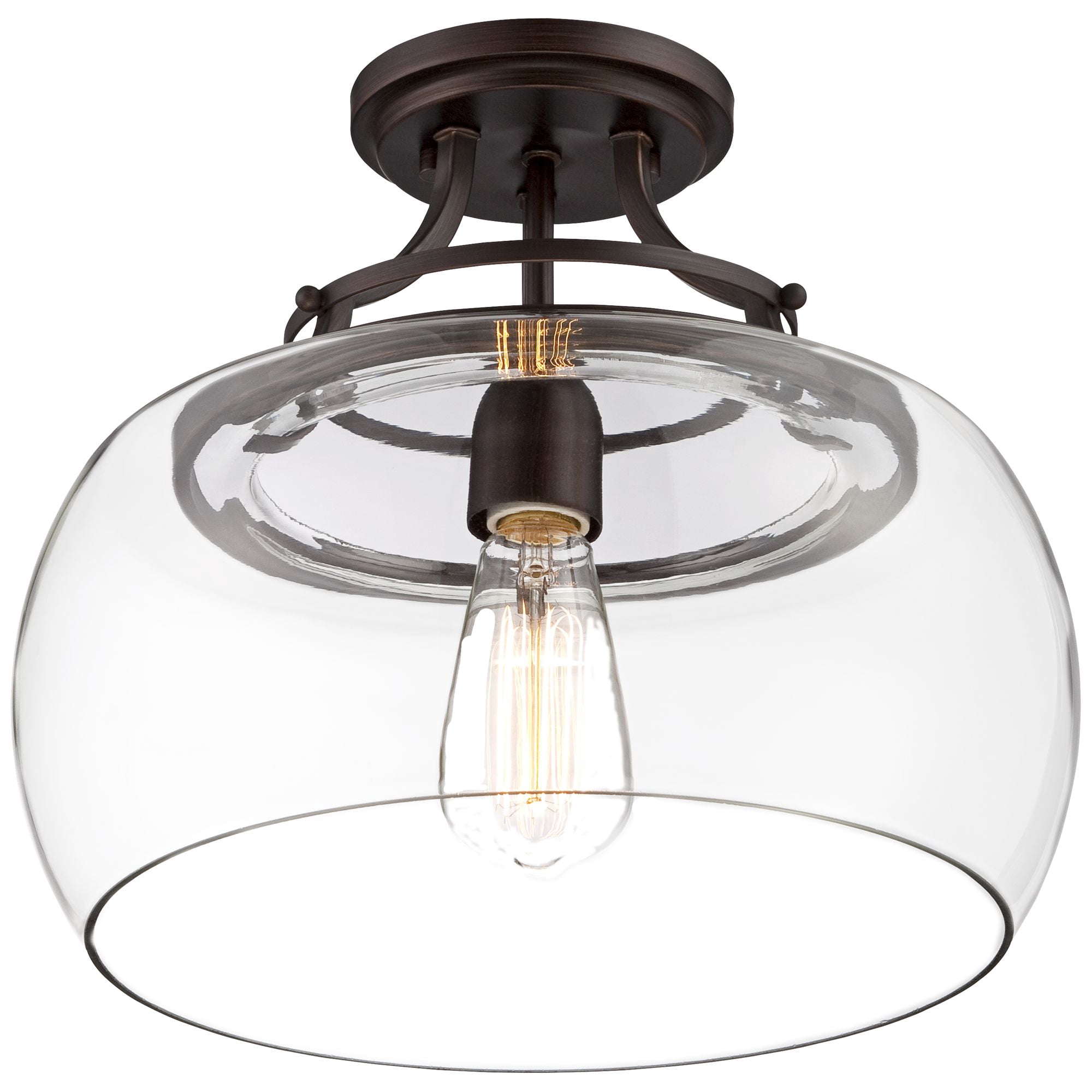Franklin Iron Works Charleston Industrial Modern Farmhouse Ceiling Light Semi Flush Mount Fixture 13 1/2" Wide Bronze LED Clear Glass for Bedroom Home