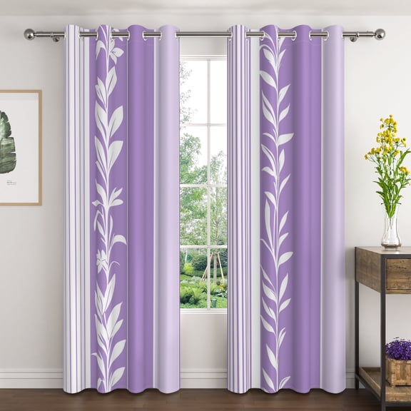 Lfeey Purple with White Floral Blackout Curtain, Bedroom Room Darkening Grommet Curtains, 42x63 inches, 2 Panels