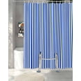 thumbnail image 3 of Split Shower Curtain for Transfer Bench, Navy Blue Stripe Fabric Shower Curtains for Bathroom, Modern White Vertical Striped Geometric Tub Sliding Transfer Bench Waterproof Bath Curtains 72"x78", 3 of 9