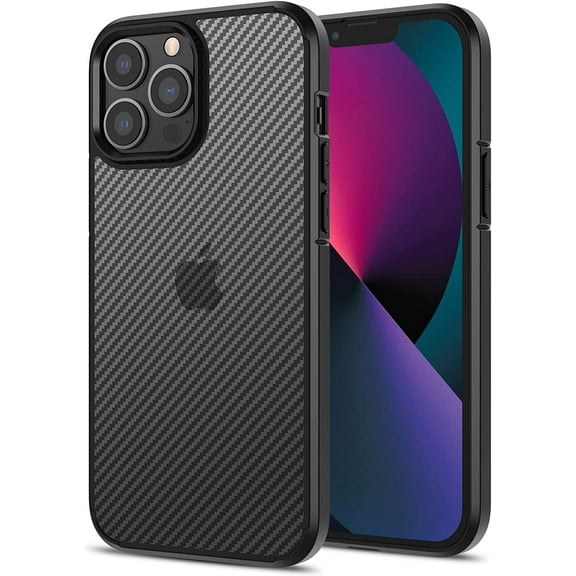 for iPhone 13 Pro Max Case, Carbon Fiber Pattern, Clear Hard Back, Silicone Soft Bumper, Military Grade Shock-Proof, Heavy Duty Protective Phone Cover, for i phone13max pro case, Black