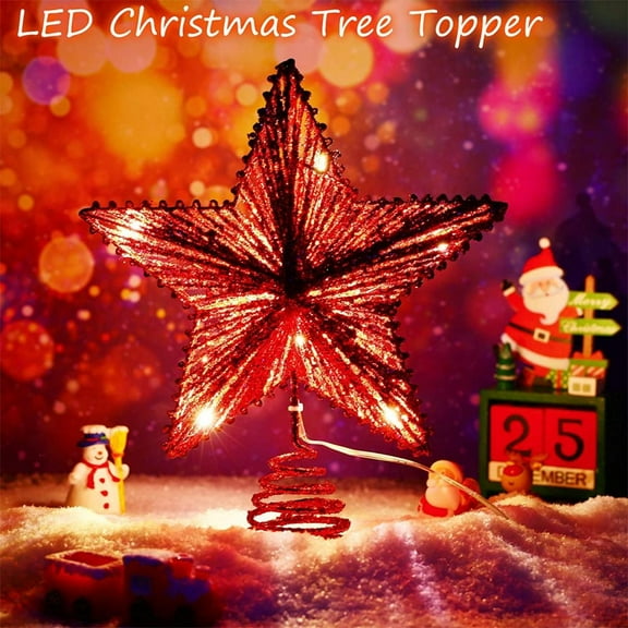 Christmas 10" Springy Star with 20 LED Lights - Christmas Tree Top Star / Christmas Decoration,Star Snowflake Tree Topper (Red)