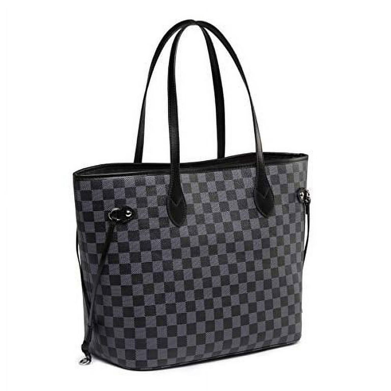 Daisy Rose Checkered Tote Shoulder Bag with Inner Pouch - PU Vegan Black