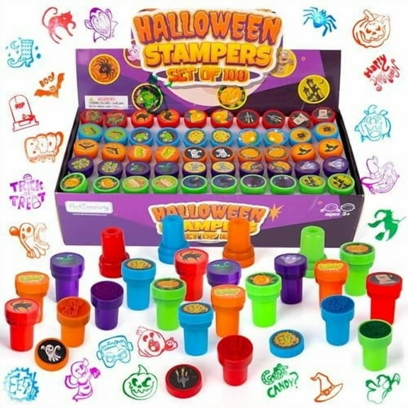 ArtCreativity Halloween Stampers – 100 Assorted Party Favors, Non‑Candy Classroom Prizes, Kids Ages 3 , Halloween Character Stamps