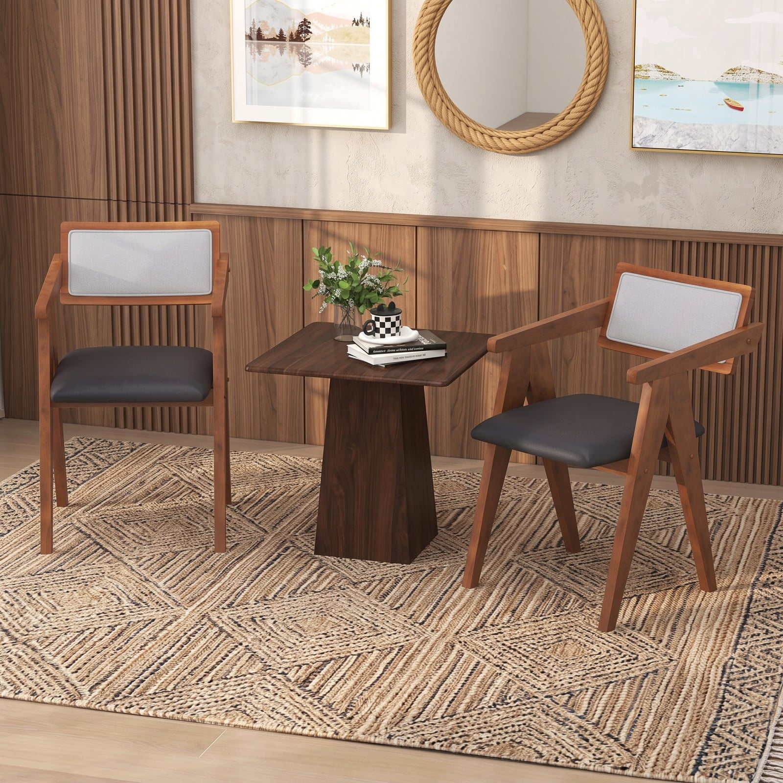 Furnibear Mid Century Modern Accent Chairs Set of 2, Upholstered Leathaire Armchair with Solid Rubber Wood Frame, Sherpa Backrest Living Room Bedroom Side Chair, Walnut