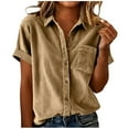 thumbnail image 1 of BLVB Womens Short Sleeve Summer Shirts V Neck Collared Button down Corduroy Shirt Tops Outfits for Casual Work with Pocket, 1 of 5