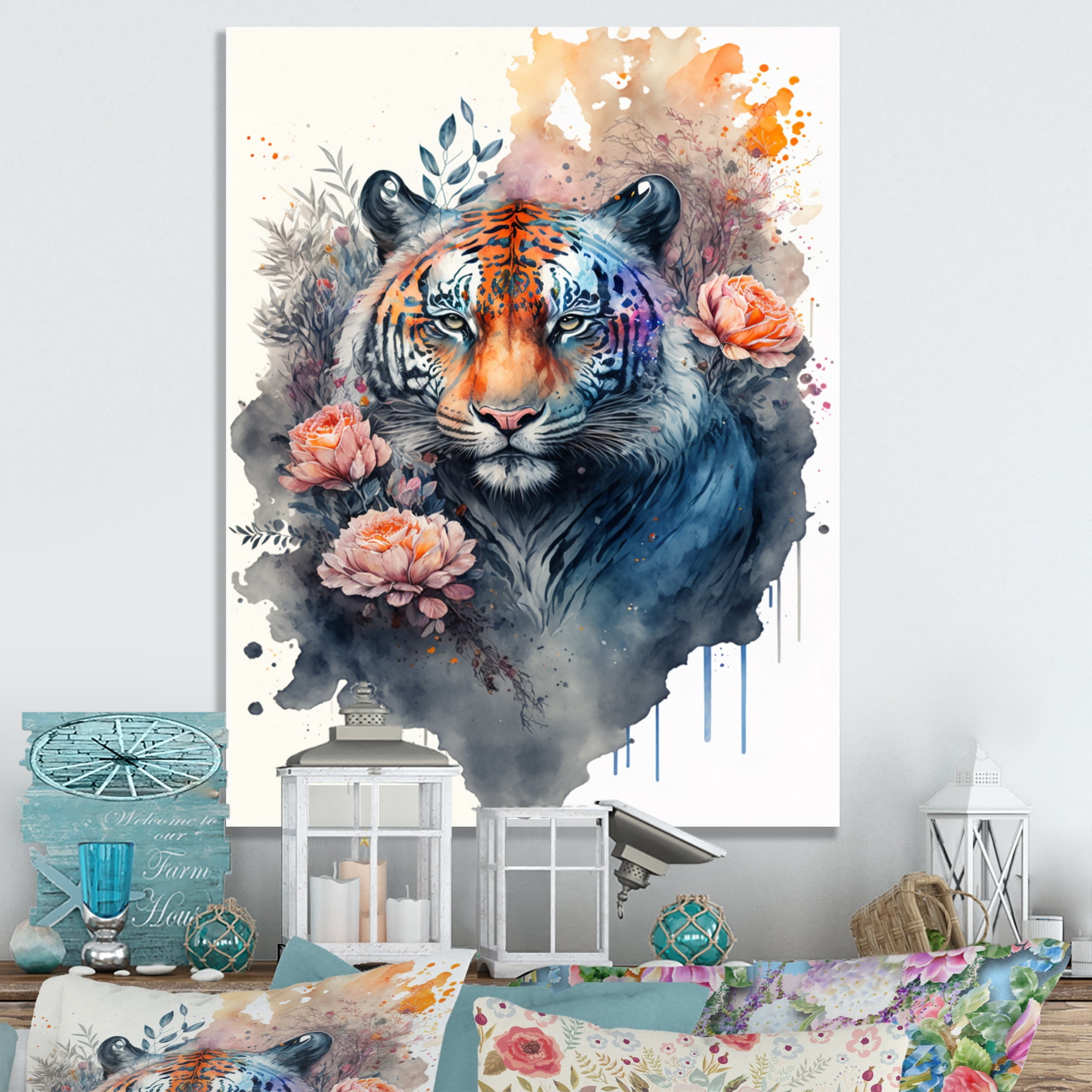 Designart Cute Tiger Floral Art III Canvas Wall Art