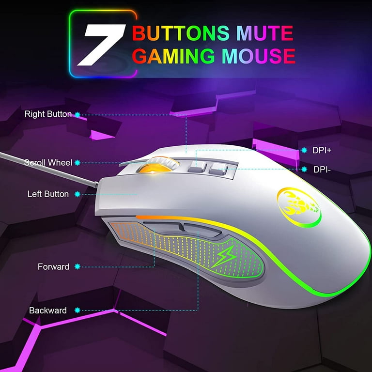 HXSJ X100 Ratón para Juegos con Cable,Ratones Ergonómicos para Juegos con Retroiluminación LED de 7 Colores,Ratón de Computadora con Sensor óptico Ajustable de 3600 dpi,para PC,Mac,Juego-Blanco