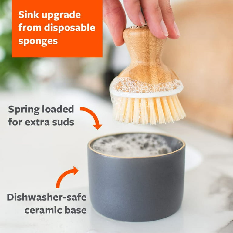 Bubble Up Ceramic Soap Dispenser & Bamboo Dish Brush, White/Gray 