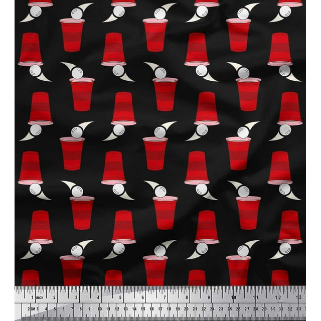 Soimoi Black polyester Crepe Fabric Ball & Glass Summer Designs Print Fabric by the Yard 52 Inch Wide