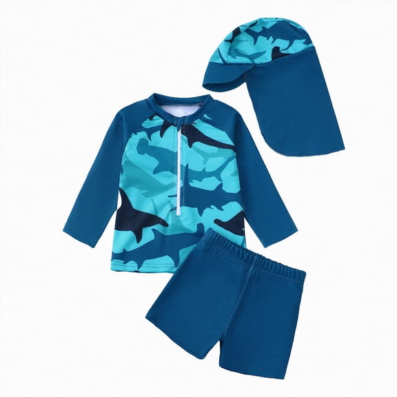 Ccpelsie Little/Big Boys Two Piece Rash Guard Swimsuits Kids Short Sleeve Swimwear Sets Bathing Suit(Blue,12-18 Months)