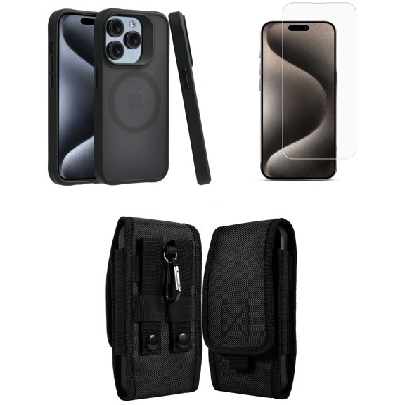 Bemz Phone Case for iPhone 15 Plus with Shockproof Protective Wireless Charging Ring Cover, Screen Protector, Vertical Rugged Release Buckle Belt Holster Clip Pouch (Smoke Black)