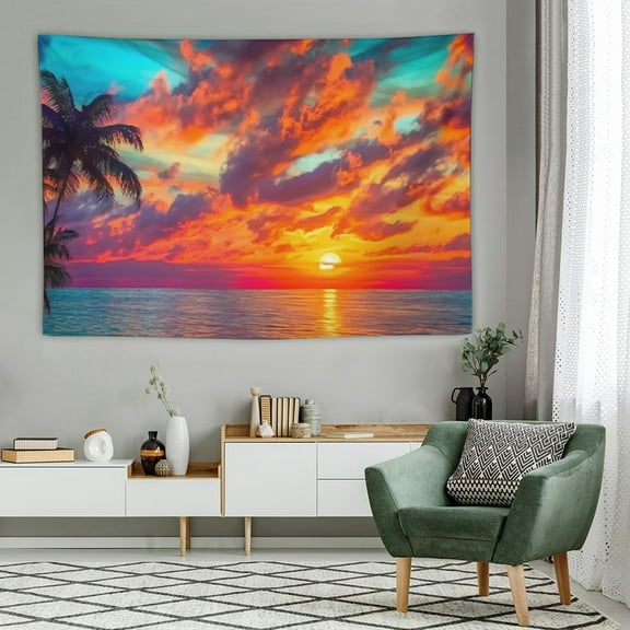 PRATYUS Ocean Sunset Tapestry Beach Wave Wall Hanging Tapestries Sky Cloud Scenery Nature Palm Tree Tapestry Landscape Home Decor for Bedroom, Dorm, College, Living Room 60x40 Inch 60x40in