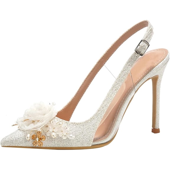 Women Pointed Toe High Heel Stiletto Pumps 10 CM Tulle Flowers Pearls Rhinestones Fine Glitter Wedding Evening Party