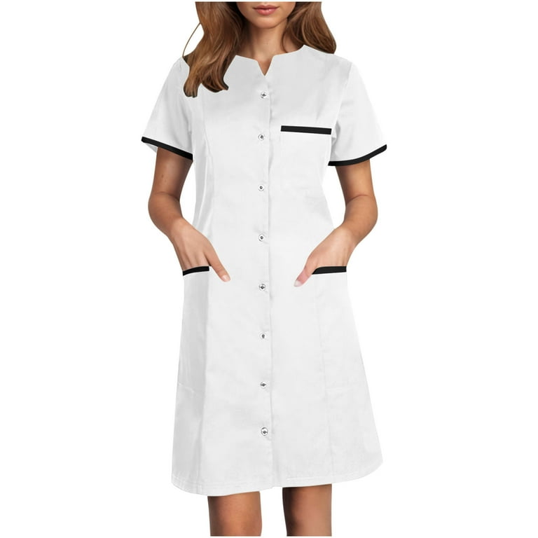 Scrub Dresses for Women Uniforms Wrap Workwear Knee Length Casual Long  Sleeve Nursing Dresses with Pockets, White M - Walmart.com
