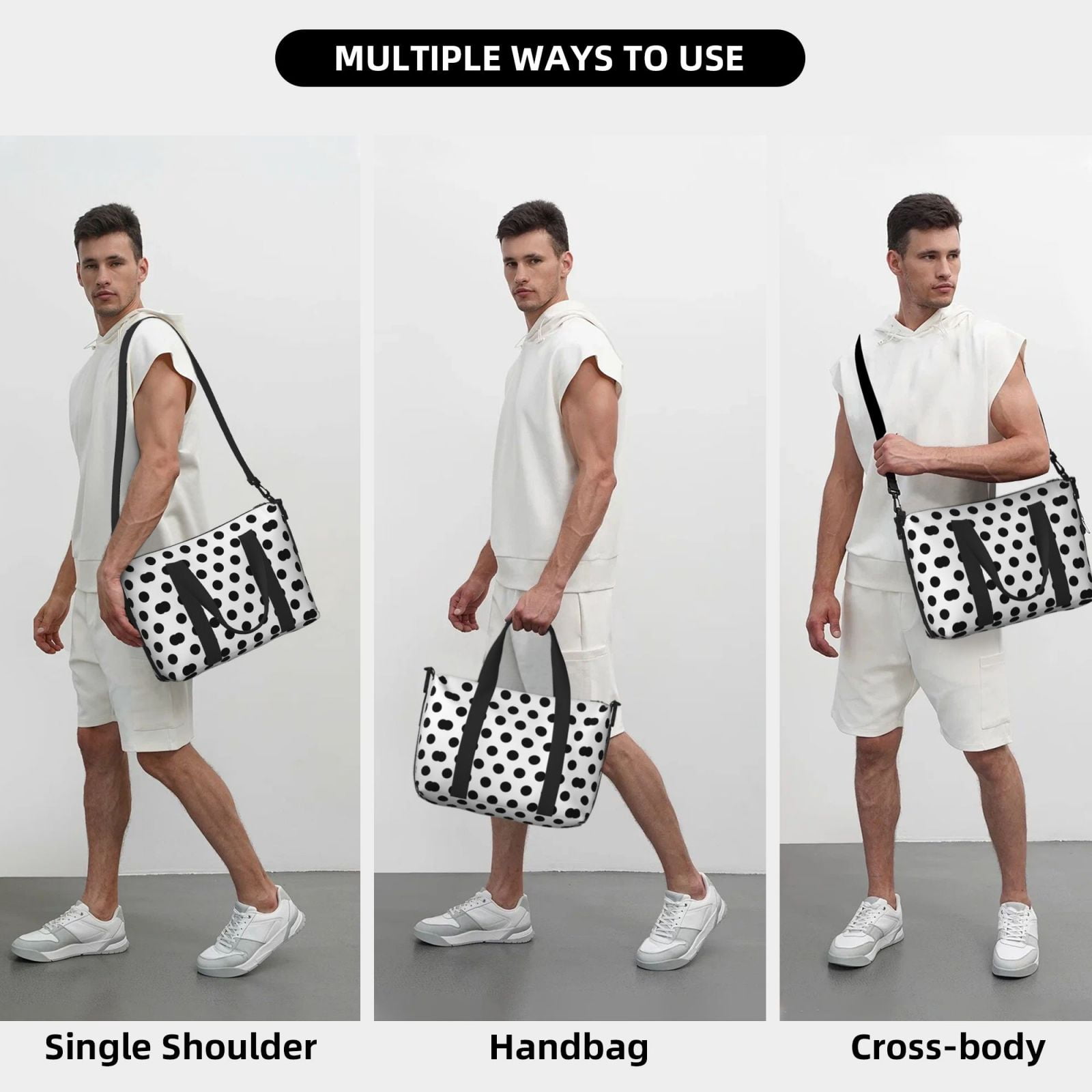 Travel Duffel Bag Black Polka Dot Pattern Sports Tote Gym Bag Shoulder Weekender Overnight Bag For Women Men