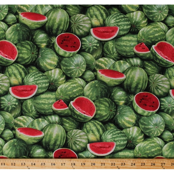 Cotton Watermelons Melon Fruits Summer Food Festival Green Cotton Fabric Print by the Yard (563GREEN)