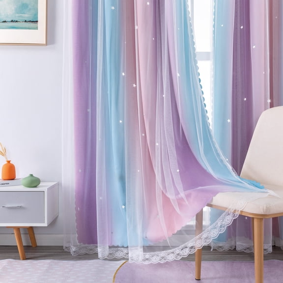 Juego de cortinas XiDi, color rosa arcoíris, morado, opaco, transparente, 86 x 200 cm