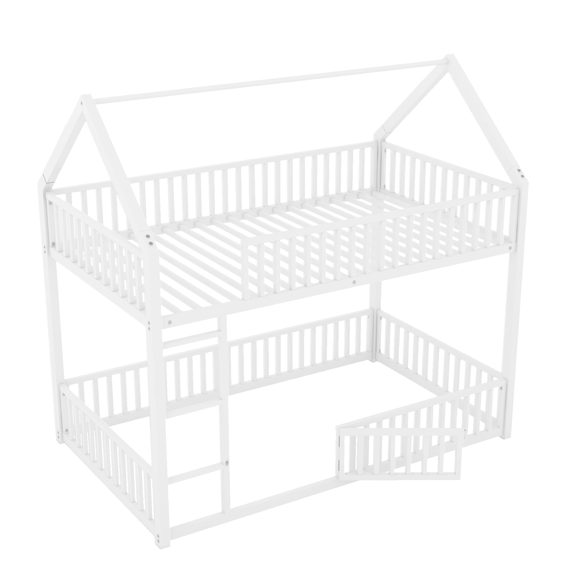 Aukfa Twin-over-Twin Bunk Bed with Fence and Door, Metal House Bed Frame for Kids Toddy, White