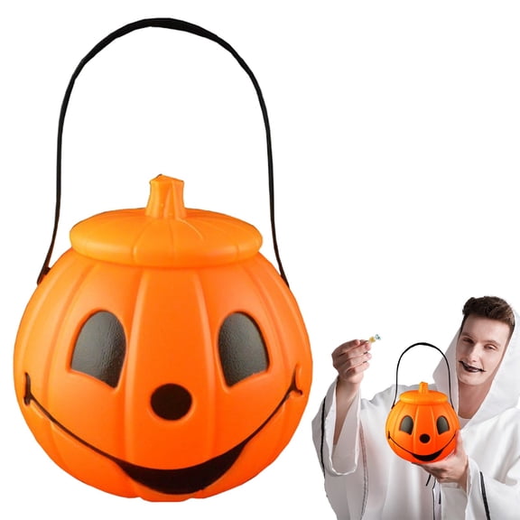 7.5x7.1in Halloween Pumpkin Candy Bucket, Classic Jack-o'-Lantern Plastic Pail with Handle & Removable Lid Durable Portable DIY LED Lantern Kids Halloween Party Home Table Decor