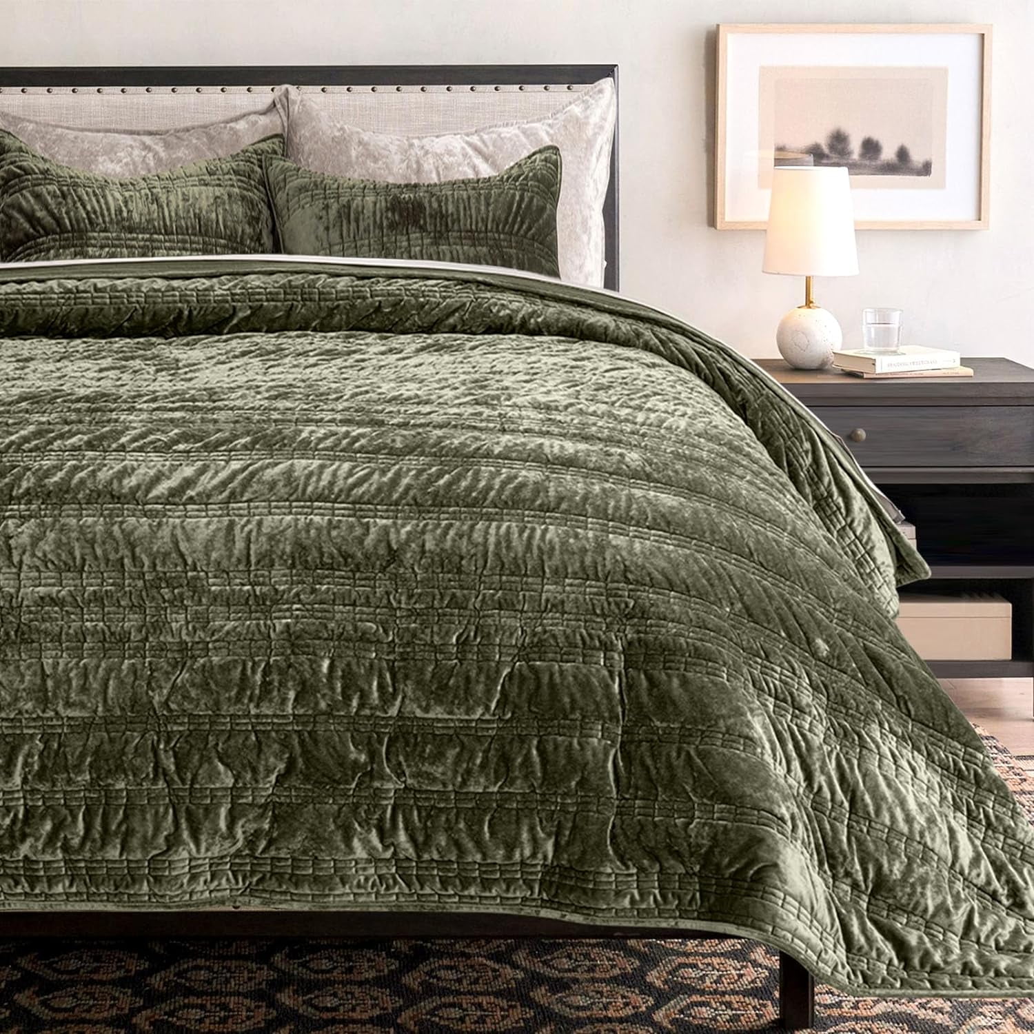 EVERGRACE Luxury Ruched Velvet Quilt King Size, Ultra Soft Bedspread Coverlet Set, Lightweight Velvet Comforter, Quilted Bedding Cover with 2 Matching Shams for All Season, Olive Green