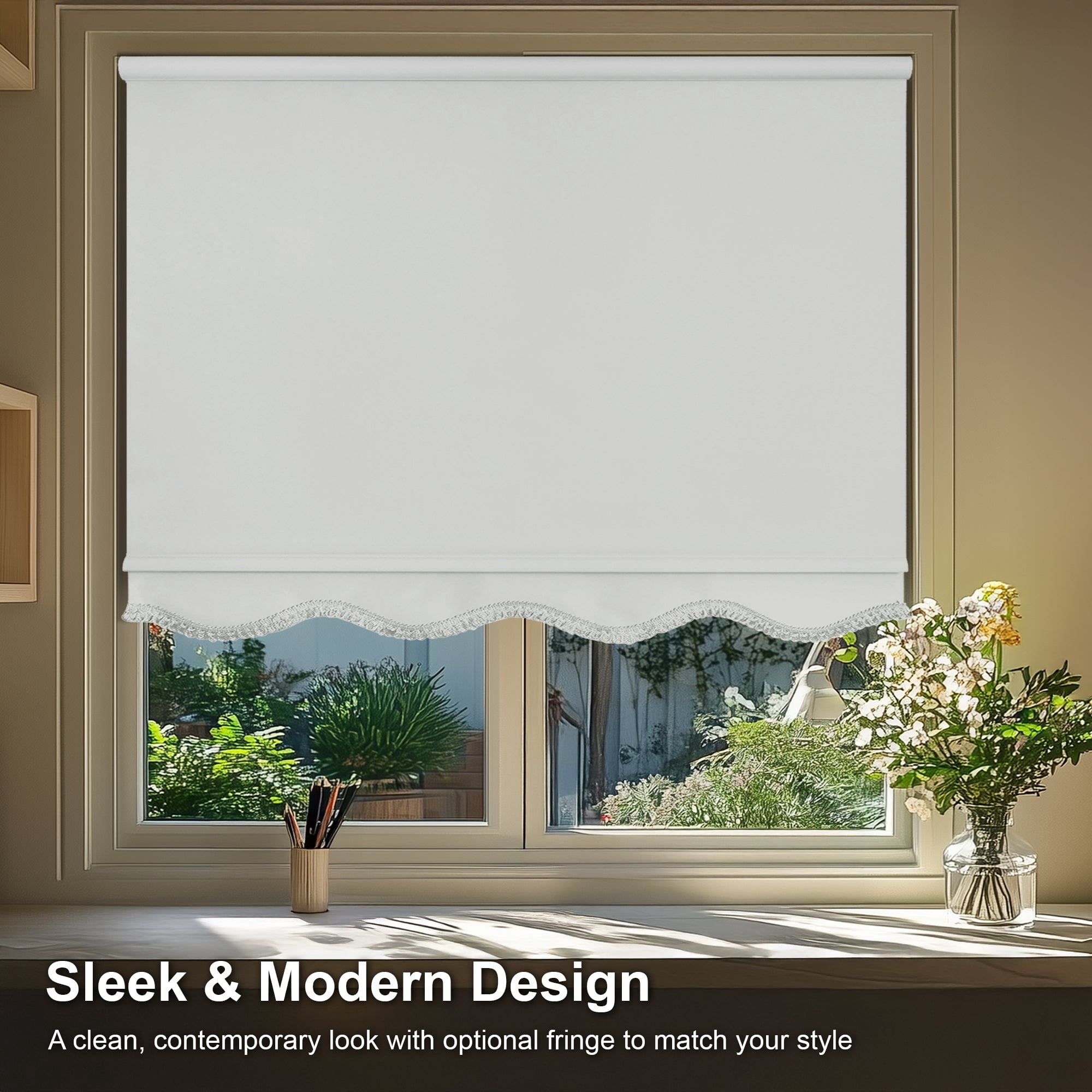 Chicology Blackout Roller Shades with Fringe | Cordless Light Filtering Window Blinds |72"W X 64"H| Decorative Privacy Shades for Home & Office | Easy Install | White