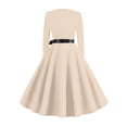 thumbnail image 6 of Women's Midi Dress Long Sleeve Crew Neck Solid Color Vintage Casual Belted Waist Dress for Spring Fall Everyday Wear,Beige,L, 6 of 6